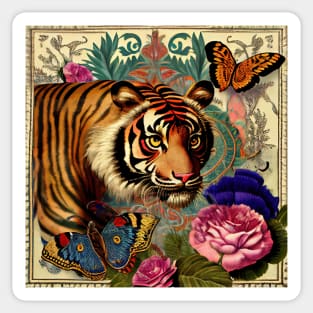 Vintage tiger, flowers and butterflies Sticker